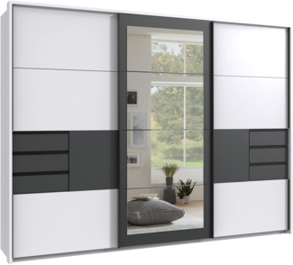 Schwebetürenschrank Kleiderschrank 273 cm Passepartout Schubladen Spiegel Weiß Grafit
