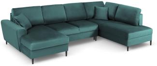 Micadoni 7-Sitzer Samtstoff Panorama Sofa Rechts mit Box und Schlaffunktion Moghan | Bezug Petrol | Beinfarbe Black Chro...