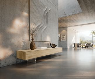 Lowboard Cuor 200 cm Keramik Laminam® Sabbia Eichefarbig 1 Klappe 1 Schubfach Fuß Schwebeoptik Acrylglas