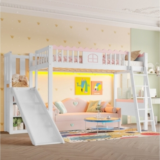 TavilaEcon Hochbett Kinderbett mit LED-Leuchten und EN747 zertifizierung, ohne Matratze mit Regalen und Rutsche, 90×200cm, rosa+weiß