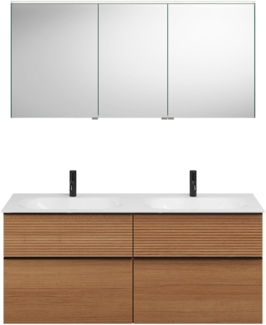 Burgbad FIUMO Waschtisch Set mit Spiegelschrank 142 cm breit, Braun, Doppelwaschbecken Gussmarmor Weiß, 4 Schubladen, Anschlag links