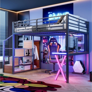 Flieks Hochbett LED Metallbett 140x200 mit Schreibtisch Kleiderschrank Stauraumtreppe