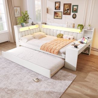Stauraumbett mit gepolstertem Kopfteil, Schreibtisch und LED-Beleuchtung (140x200cm, Lattenrost, Regal, Gästebett, USB und Type-C), Doppelbett