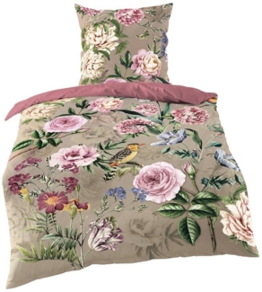 JACK Bettwäsche 135x200cm, Blumenparadies Taupe Rosa, Mako-Satin, 2 teilig, Blumenranken und Vögel auf dunklem Taupe