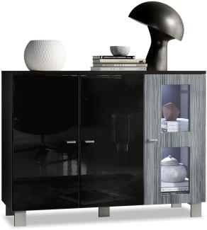 Vladon Sideboard Denjo, Kommode mit 3 Türen, Schwarz matt/Schwarz Hochglanz/Avola-Anthrazit, inkl. LED-Beleuchtung (107 x 81 x 35 cm)