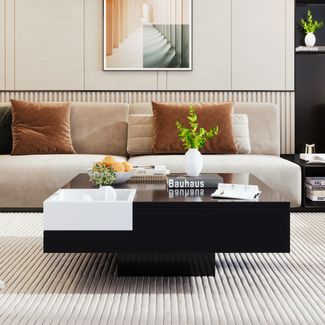 Couchtisch aus Spanplatte in Hochglanz mit abnehmbarer Aufbewahrungsbox & LED, 72x72x30 cm, Schwarz