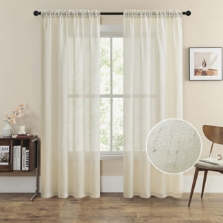Sunicol Gardine Transparent Leinenvorhang Kräuselband Fensterschal Lichtdurchlässig, Leinenoptik Gardinen Dekoschal fü Wohnzimmer, Schlafzimmer