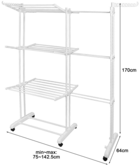 JEOBEST Wäscheständer Turm Ausziehbar wäschetrockner, Standtrockner Länge 75-142 cm, Trockengestell Trockenständer mit 6 klappbaren Flügeln,6 Rollen