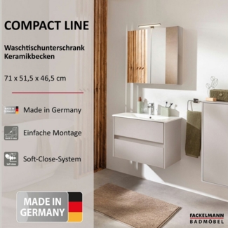 FACKELMANN COMPACT LINE Waschbecken mit Unterschrank 71 cm breit, Grau, Waschbecken Keramik Weiß, 2 Schubladen