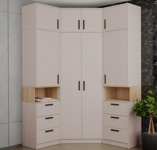 Marmex Möbel Grant 14C Ein Schrank-Set, zwei Büchrregale, Eckkleiderschrank, Schlafzimmer-Set, laminierte Spanplatte, graubeige cashmere+cremona torro, 143x235x143 cm