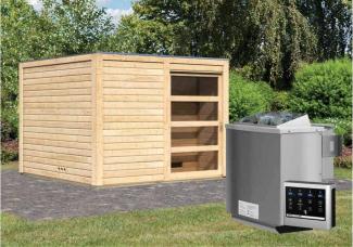 Karibu Saunahaus Cuben Gartensauna 3 Sitzbänke aus Holz Sauna mit 38 mm Wandstärke Außensauna mit Montagematerial