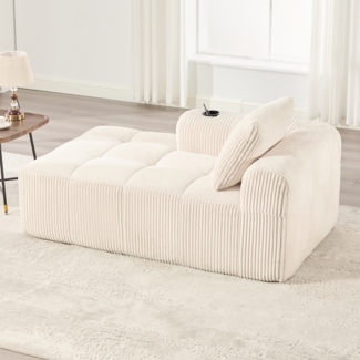 Flieks Chaiselongue, Einzelsofa mit Rückenkissen, Seitentasche und Getränkehalter, Cord， Beige