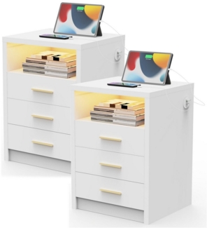 oyajia Nachttisch (2-St) Nachttische mit RGB LED-Licht, Modern Hochglanz Nachtkommode, 20 veränderbare Farben Beistelltisch mit 4 Schubladen,mit Ladefunktion