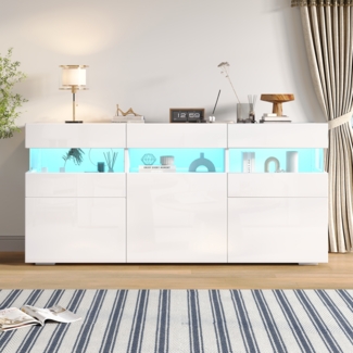 Merax Wohnzimmer-Sideboard, Kommode mit 3 Türen, Hochglanz-Wohnzimmerschrank mit LED-Lichtleiste, Transparentes Acrylgehäuse, Schrank mit 7 Ablagefächern, Weiß