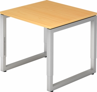 bümö höhenverstellbarer Schreibtisch R-Serie 80x80 cm in Buche, Gestell in Silber - PC Tisch klein für's Büro manuell höhenverstellbar, Computertisch verstellbar, RS-08-6-S