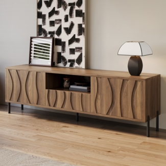 TV Lowboard 160 cm mit Wellen Türen Natur - Moderner Fernsehschrank mit Kabelmanagement & Metallbeinen, Stauraum für Wohnzimmer