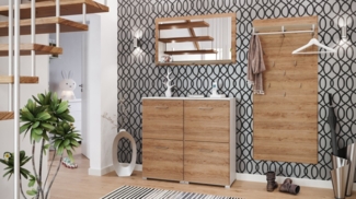 Garderobe Set 005 Detroit 4 tlg Schuhschrank 4 Klappen 16 Paar Weiss-Eiche : Weissmatt / Eiche hell