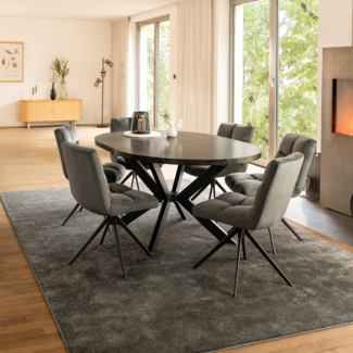 HOME DELUXE Essgruppe Rund Ausziehbar AVENTURA inkl. Sternfuß - 120-160 x 120 cm Dark Oak 6 Stühle