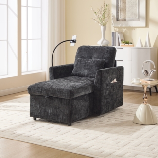 Loungesofa mit integriertem Handyhalter, großem Stauraum & Seitentaschen, Chenille Stoff-Sessel mit gepolsterten Kissen,Schwarz