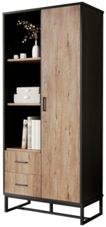 Merax Highboard Vitrine Holzoptik mit Schwarz (1 St, für Wohnzimmer, Büro & Flur), Schrank mit Tür, 2 Schubladen & offenen Fächer, 80x40x180cm