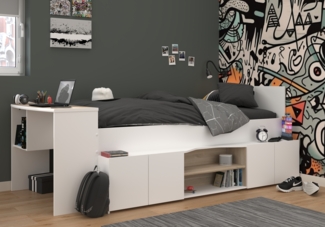 Hochbett >Cleo 1< Stauraum, Liegefl. 90x200, Weiss / Eiche Dekor - 241x116x90cm (LxBxH)