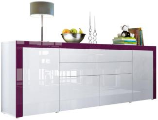 Vladon Sideboard La Paz V2, Kommode mit 2 Türen, 2 Schubkästen und 2 Klappen, Weiß Hochglanz/Weiß Hochglanz/Brombeer Hochglanz (200 x 72 x 35 cm)