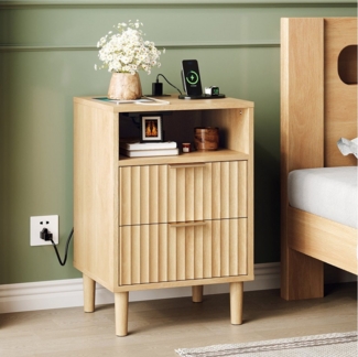 VINGLI Nachttisch mit Ladenfunktion, Beistelltisch, Nachtschrank, Nachtkommode, mit 2 USB + 2 Steckdose, 2 Schubladen, aus P2-Dichtspan