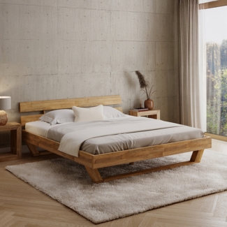 skølm 'Nornir' Bett 180x200 cm, Bettgestell, natur geölt, Massivholzbett aus Eiche mit Holzkufen, Doppelbett mit Streben Bettkopf