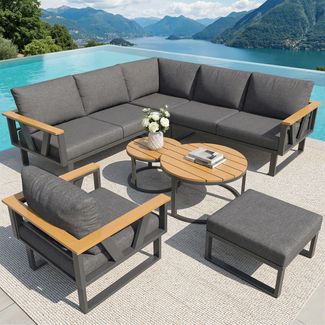 Merax 7-Sitzer Gartenlounge-Set, Gartenmöbelset, robuste Metallbasis, 9cm dicken Kissen und 2er-Set Holztischen, freie Kombination für Terrasse, Balkon, Poolbereich, Grau