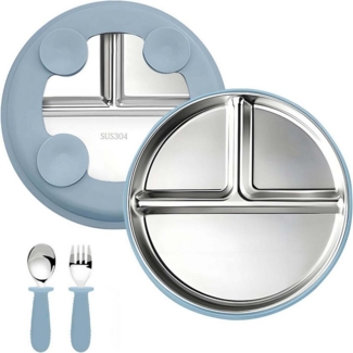 Auledio Kindergeschirr-Set Edelstahl Baby Teller mit Silikon Saugnapf,Spülmaschinenfest