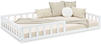 Kinderbett 120x200 Bodenbett mit Rausfallschutz Montessori Bett Kleinkindbett Holz Massiv Weiß Einzelbett Lattenrost Bettgestell