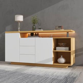 Merax Multifunktionales Sideboard, Länge 140 cm, weiß und Holzimitat - 2 Türen, 3 Schubladen, 2 offene Fächer, mit LED-Beleuchtung