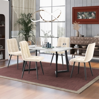 Essgruppe 5-teilig mit 4 Beige Samtstühlen und rechteckigem Esstisch, Küchentisch Set, Esszimmerstuhl Samt, moderner Esstisch