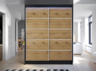 Kleiderschrank Metropolis IV, mit RGB LED Beleuchtung, Farbe: Schwarz / Artisan Eiche