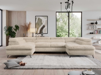Ecksofa mit Schlaffunktion und verstellbaren Kopfstützen, große U-förmige Ecke - PEDRO U - Creme Plüsch