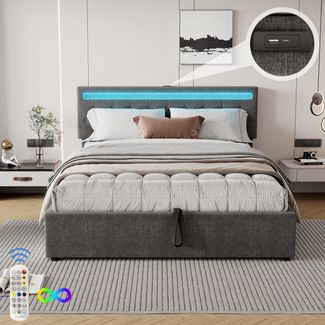 Polsterbett 160x200 cm, Leinen & MDF, hydraulischer Bettkasten, farbwechselndes LED-Kopfteil, USB- & Typ‑C-Anschlüsse,Grau