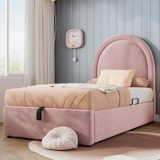 TavilaEcon Boxspringbett Einzelbett mit kosmischem Muster, aus Metall & Massivholz, Ohne Matratze, 90×190/90×200cm, rosa