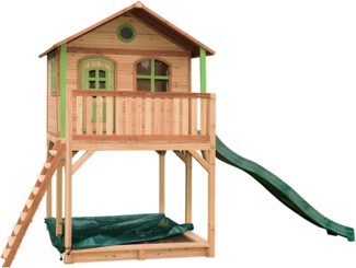 AXI Spielhaus Andy mit Sandkasten & grüner Rutsche Stelzenhaus in Braun & Grün aus FSC Holz für Kinder | Braun, Grün | Holz | 212 cm