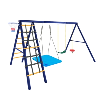 LVHOM 6-in-1-Schaukelset, Schaukelgestell mit Klettergerüst & Basketballkorb, Schaukelgerüst Doppelschaukel, Outdoor-Schaukel-Kombination, Gartenschaukel mit Metallgestell