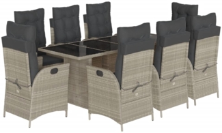 vidaXL 9-tlg. Garten-Essgruppe mit Kissen Hellgrau Poly Rattan 3213132