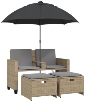 vidaXL Gartensofa 2-Sitzer Sonnenschirm und Hocker Beige Poly-Rattan 365887
