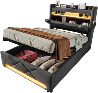 Polsterbett Betten mit Hydraulisch Stauraum, USB und Typ C-Port, LED-Funktion,Grau,90*200cm,mit Matratze