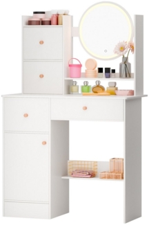 Rutaqian Schminktisch Schminktisch mit LED-Beleuchtung, Kosmetiktisch mit Spiegel 100x130cm, Make-up Tisch mit 2 Schubladen, 1 Tür, Regale öffnen,für Schlafzimmer