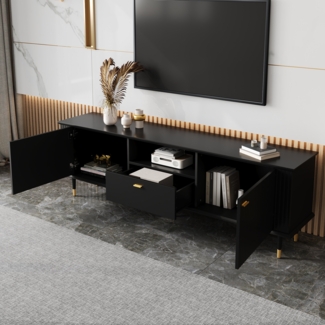 Eleganter TV-Ständer aus MDF mit Soft-Close-Scharniere, 2 Türen, 1 Schublade, Schwarz mit goldenen Akzenten