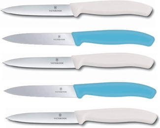 Victorinox | Gemüsemesser Set Swiss Classic | karibikblau und weiß | 10 cm Klingenlänge | Perfekt für Tomaten und Gemüse | 5-teiliges Set | Präzisionsklinge aus rostfreiem Edelstahl | ergonomischer Griff | ideal für die Küche und Camping