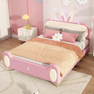 Merax Polsterbett Kinderbett Doppelbett 140x200cm mit LED-Streifen und Hasenohr Kopfteil, Beige+Rosa