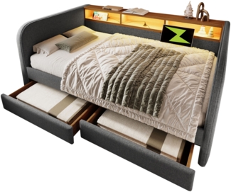 Polsterbett 140x190 cm mit LED & USB‑C, 2 Schubladen, Leinenbezug, Grau