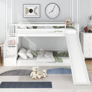 HAUSS SPOLE Kinderbett Etagenbett Kinderbett Jugendbetten (Sicheres Geländer, Etagenbett-Design, Massivholz-Lattenrost 90x200cm, Weiß), Bequeme Treppe und Aufbewahrungsfunktion