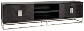 Casa Padrino Luxus TV Schrank Schwarz / Silber 220 x 42,5 x H. 60 cm - Massivholz Sideboard mit 4 Türen - Wohnzimmer Möbel - Hotel Möbel - Luxus Kollektion