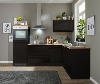 Jazz 6 Moderne Eckküche ohne Elektrogeräte in Schwarz matt, Lanzelot Eiche Optik - Geräumige Küchenzeile in L-Form mit viel Stauraum - 260 x 200 x 60 cm (B/H/T)